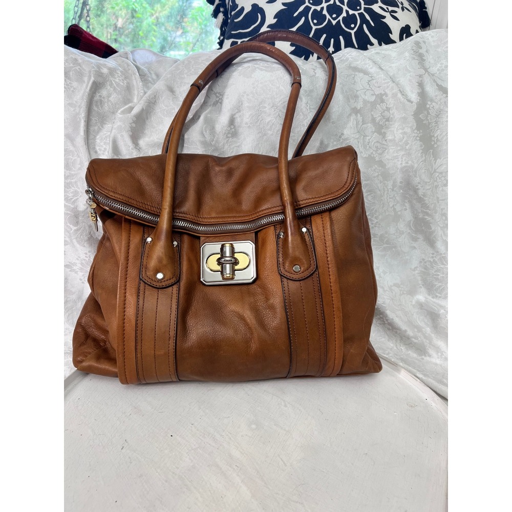 B. Makowsky Cognac Leather Satchel Handbag Purple Lining Turn Lock Large